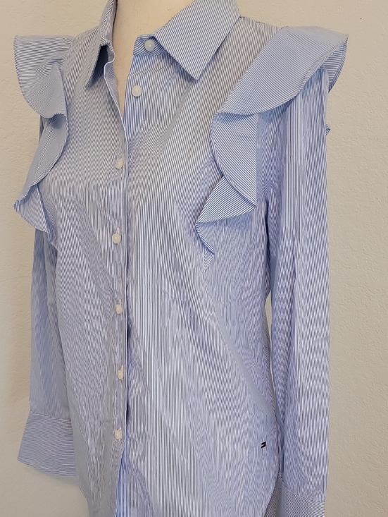 Tommy Hilfiger Tops - Tommy Hilfiger Light Blue & White Pinstripe Ruffle Button-Down Shirt